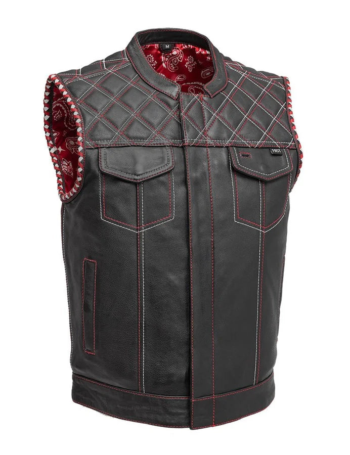 Black leather vest with red stitching on a white background